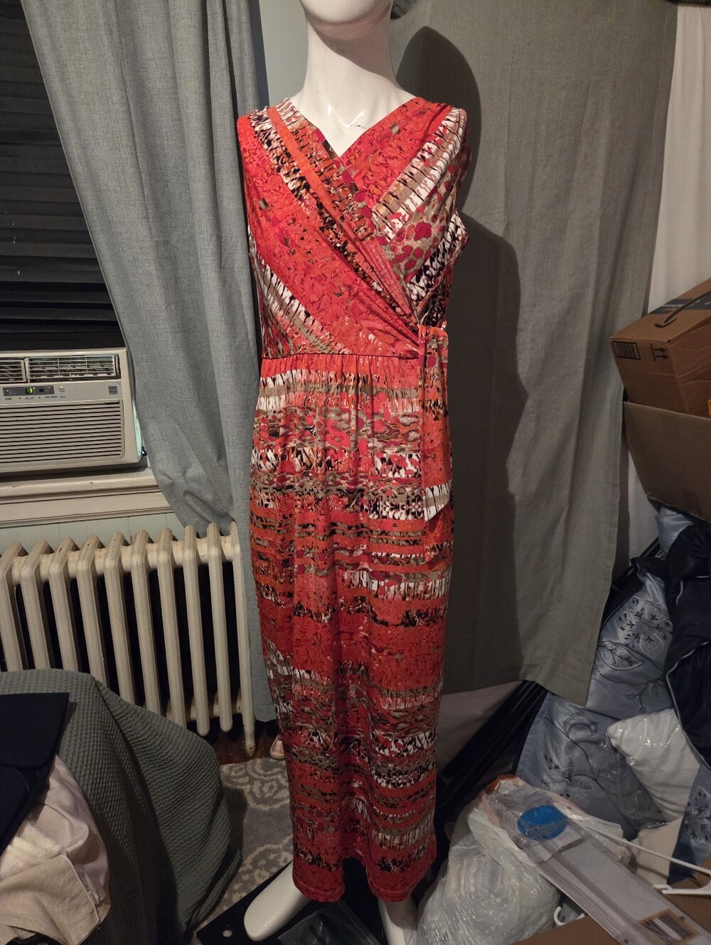 Orange Patterned Wrap-Style Maxi Dress for Women